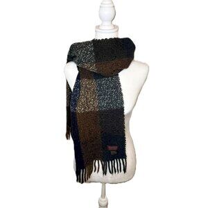Nordstrom Navy Green Tan Plaid Wool & Acrylic Scarf Made In Germany Fringe